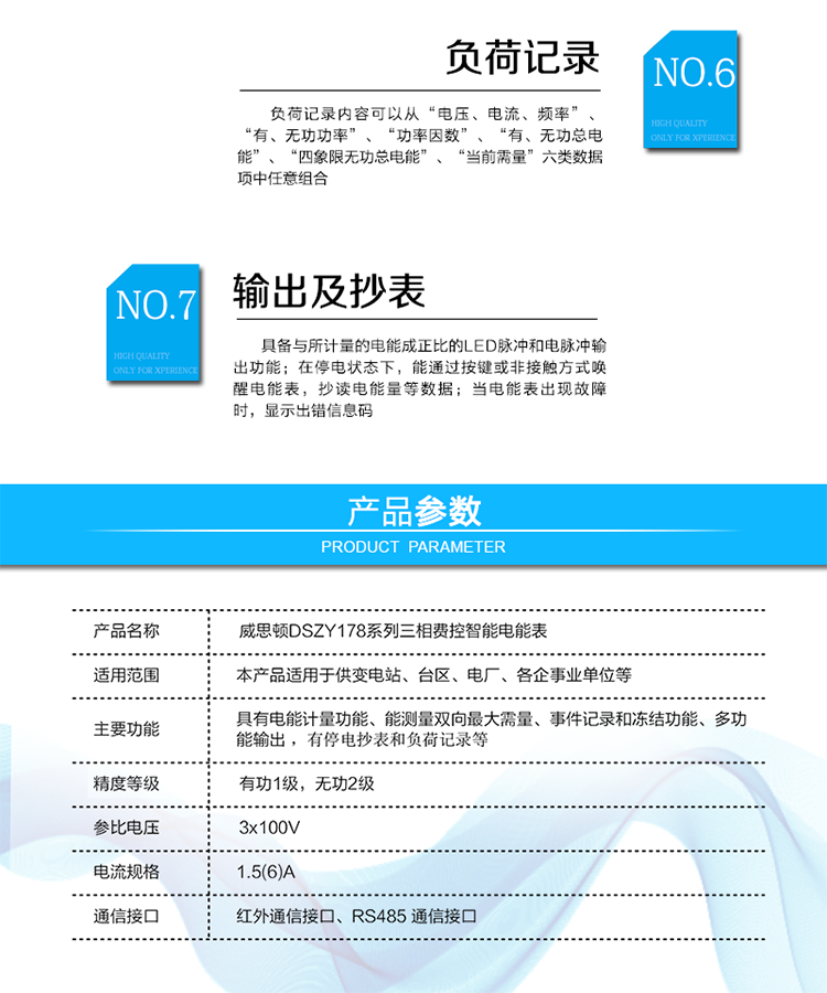 主要功能
計量功能
具有正、反向有功電能、四象限無功電能計量功能；具有分時計量功能；具有計量分相有功電能量功能；能存儲12個結(jié)算日電量數(shù)據(jù)。
測量及監(jiān)測
能測量雙向最大需量、分時段最大需量及其出現(xiàn)的日期和時間；
能測量當前電能表的電壓、電流、功率、功率因數(shù)等運行參數(shù)。
事件記錄
記錄最近10次編程、需量清零、校時、各相失壓、各相斷相、各相失流、各相過負荷、電流不平衡、電壓（流）逆相序、開表蓋、開端鈕蓋、全失壓、掉電、遠程控制拉閘、遠程控制合閘等事件。
顯示功能
高對比度、寬視角、帶背光的LCD（數(shù)值顯示位數(shù)8）。
報警功能
當電能表出現(xiàn)故障時，顯示出錯信息碼。
凍結(jié)功能
支持定時凍結(jié)、瞬時凍結(jié)、約定凍結(jié)、日凍結(jié)、整點凍結(jié)等。
計時功能
采用具有溫度補償功能的內(nèi)置硬件時鐘電路，具有日歷、計時、閏年自動轉(zhuǎn)換功能。
脈沖輸出
具備與所計量的電能成正比的LED脈沖和電脈沖輸出功能。
負荷記錄
負荷記錄內(nèi)容可以從“電壓、電流、頻率”、“有、無功功率”、“功率因數(shù)”、“有、無功總電能”、“四象限無功總電能”、“當前需量”六類數(shù)據(jù)項中任意組合。
停電抄表
在停電狀態(tài)下，能通過按鍵或非接觸方式喚醒電能表，抄讀電能量等數(shù)據(jù)。
費控功能
通過RS485和遠程售電系統(tǒng)實現(xiàn)費控功能。通過嚴格的密碼驗證或ESAM模塊等安全認證，確保數(shù)據(jù)傳輸安全可靠。